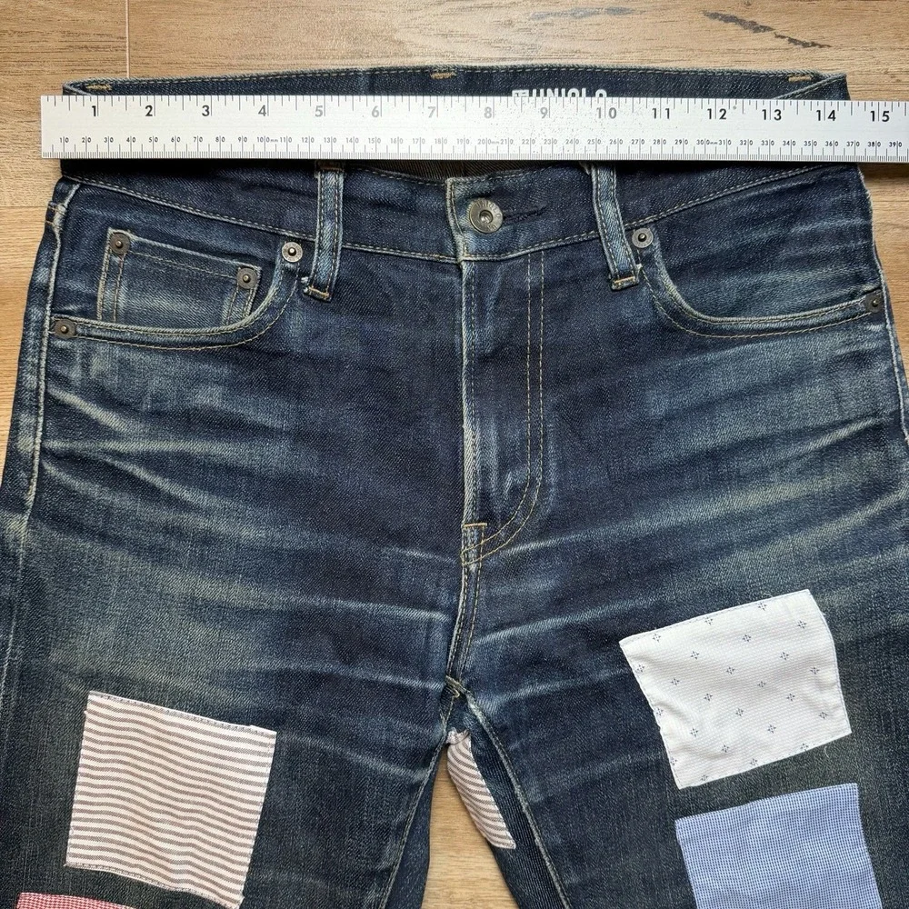 UNIQLO Selvedge Jeans Men 29x29 Blue Slim Fit Straight Leg Patchwork Unique Dark